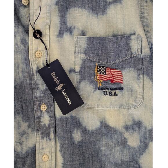 Polo Ralph Lauren Mens L Embroidered American Flag Top Rugged Distressed Grunge - Picture 4 of 9